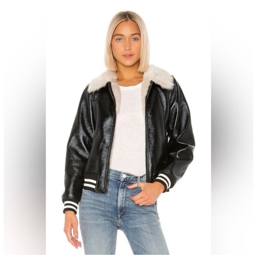 MOTHER Black Varsity Jacket with White Fur Collar